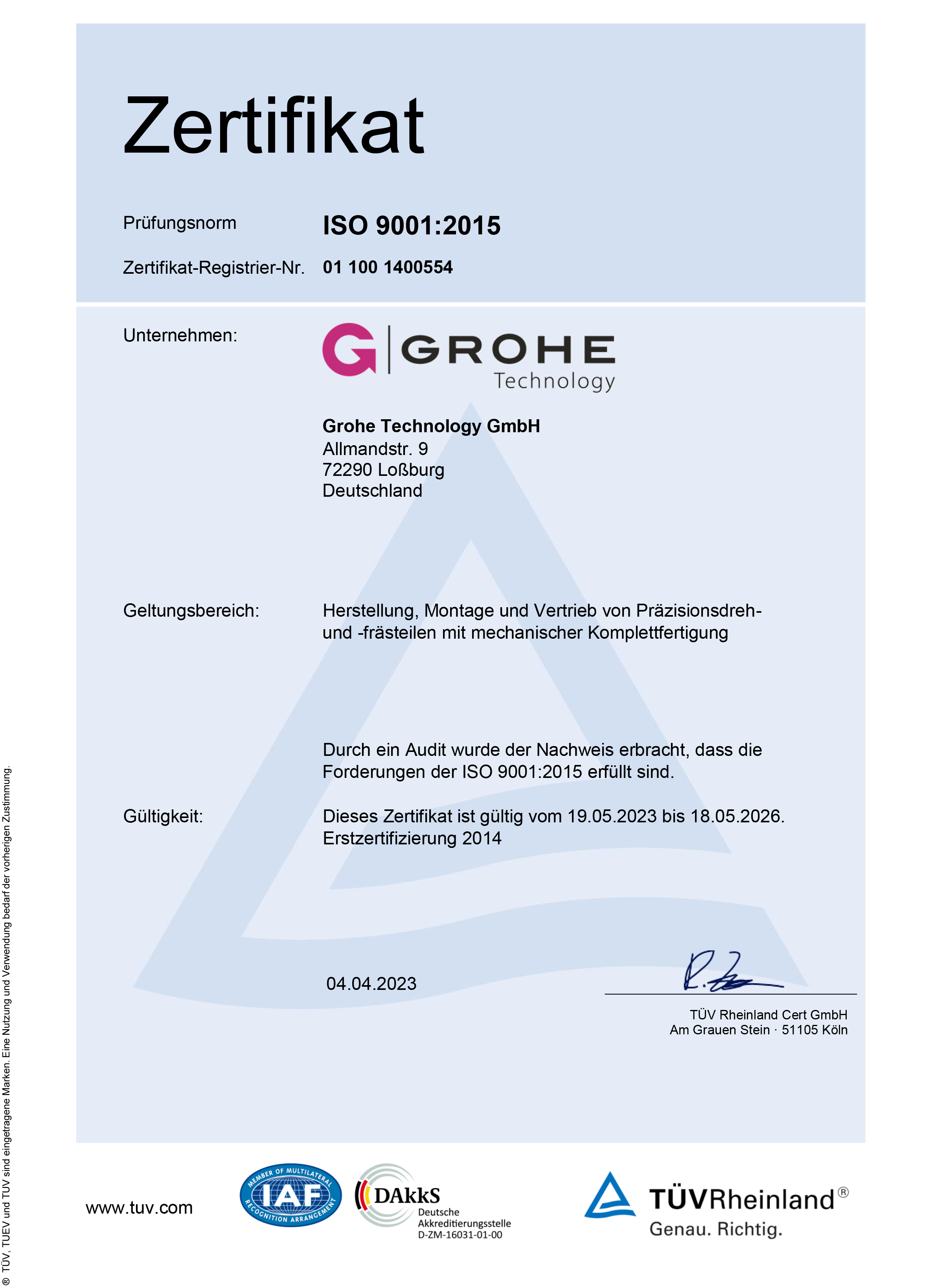 ISO 14001:2015 Zertifikat